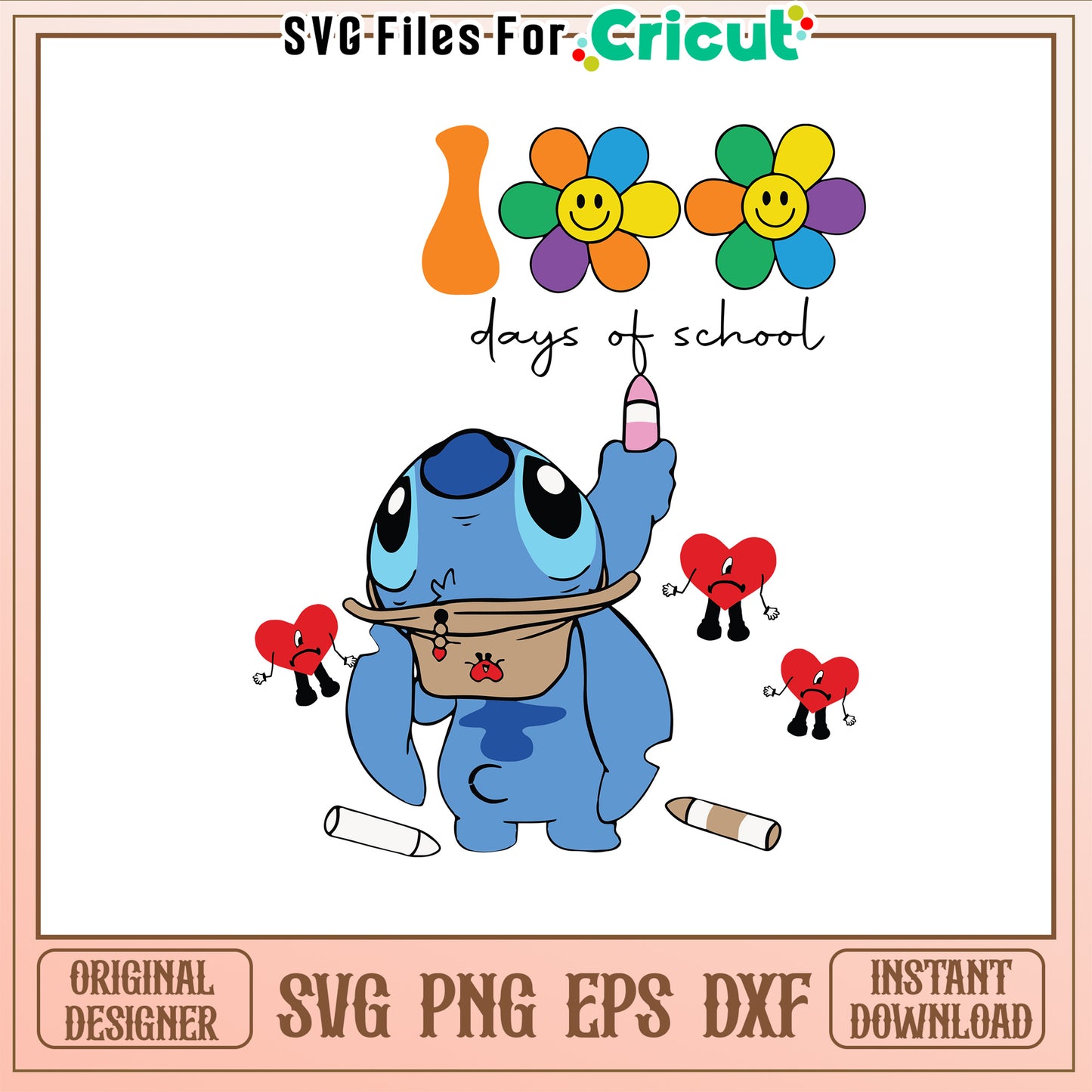 100 days of school svg, stitch drawing svg, bad bunny svg