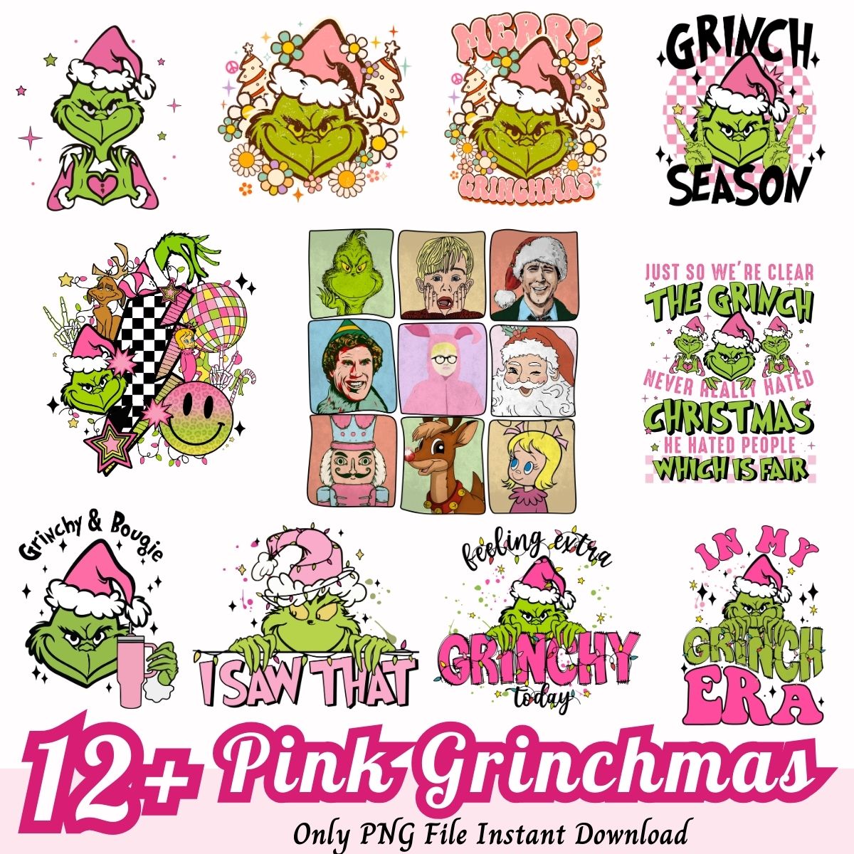 Pink Grinchmas PNG, Pink Grinch Santa png bundle