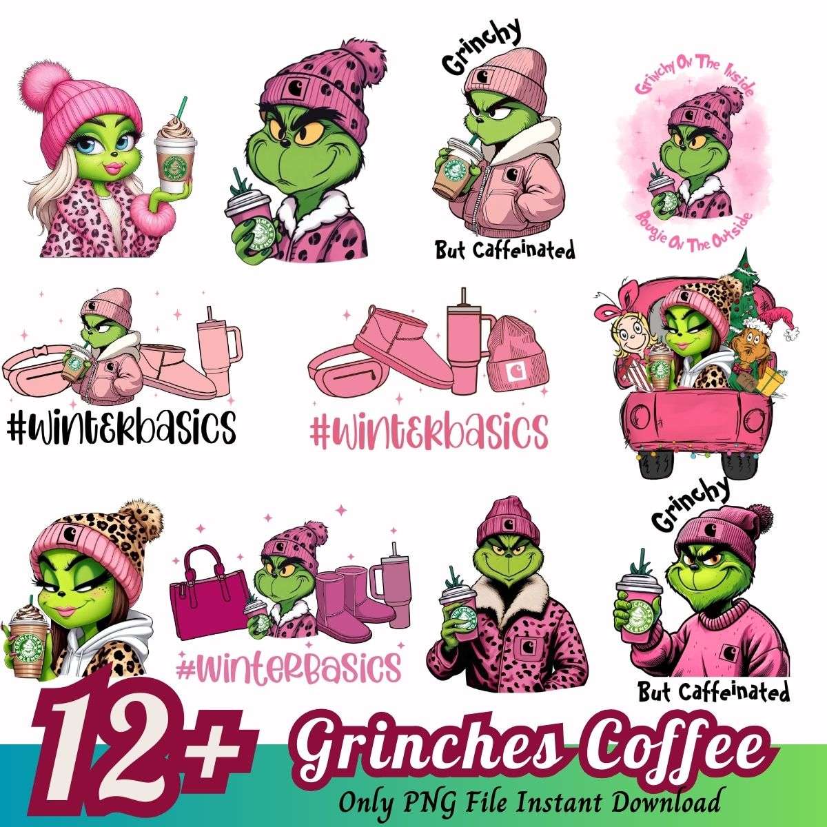 Pink Boujee Grinch coffee PNG, Pink Boujee coffee bundle