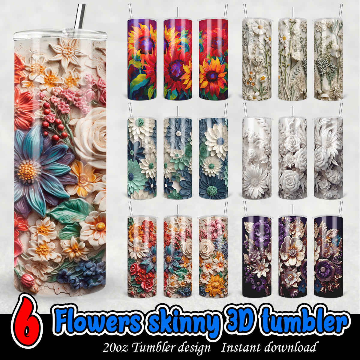 3D Flower Skinny Tumbler Wrap, Floral 20oz tumbler bundle