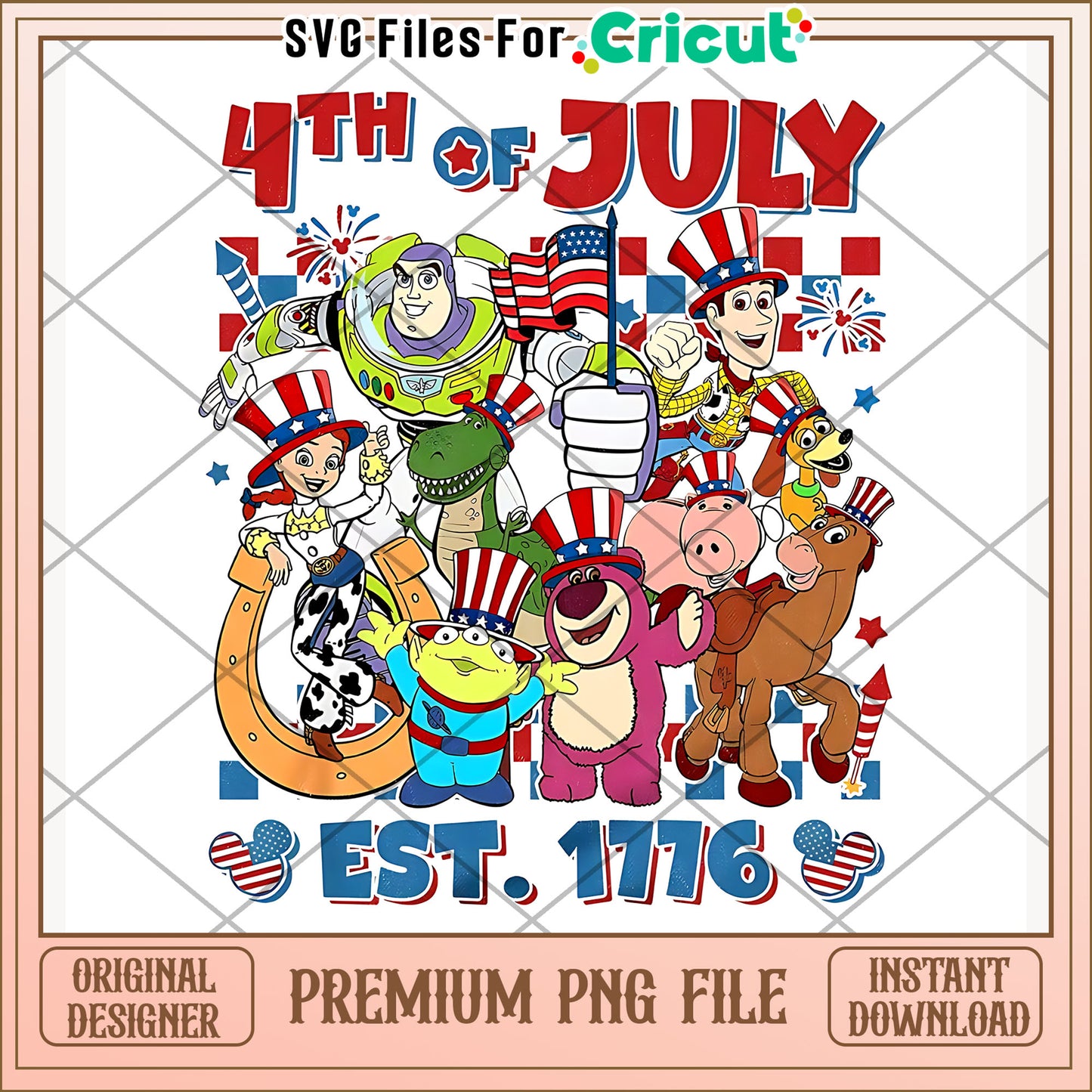 4th of july est 1776 toy story png, disney pixar design png, red white and blue png