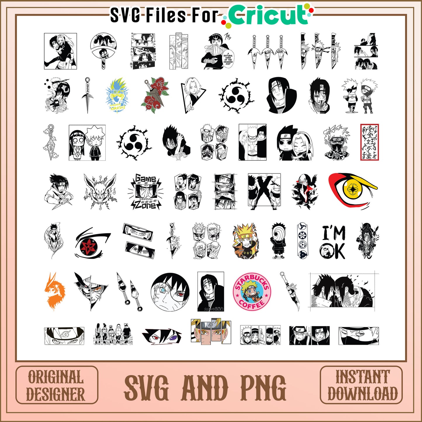 Anime naruto black white bundle svg, all naruto characters svg