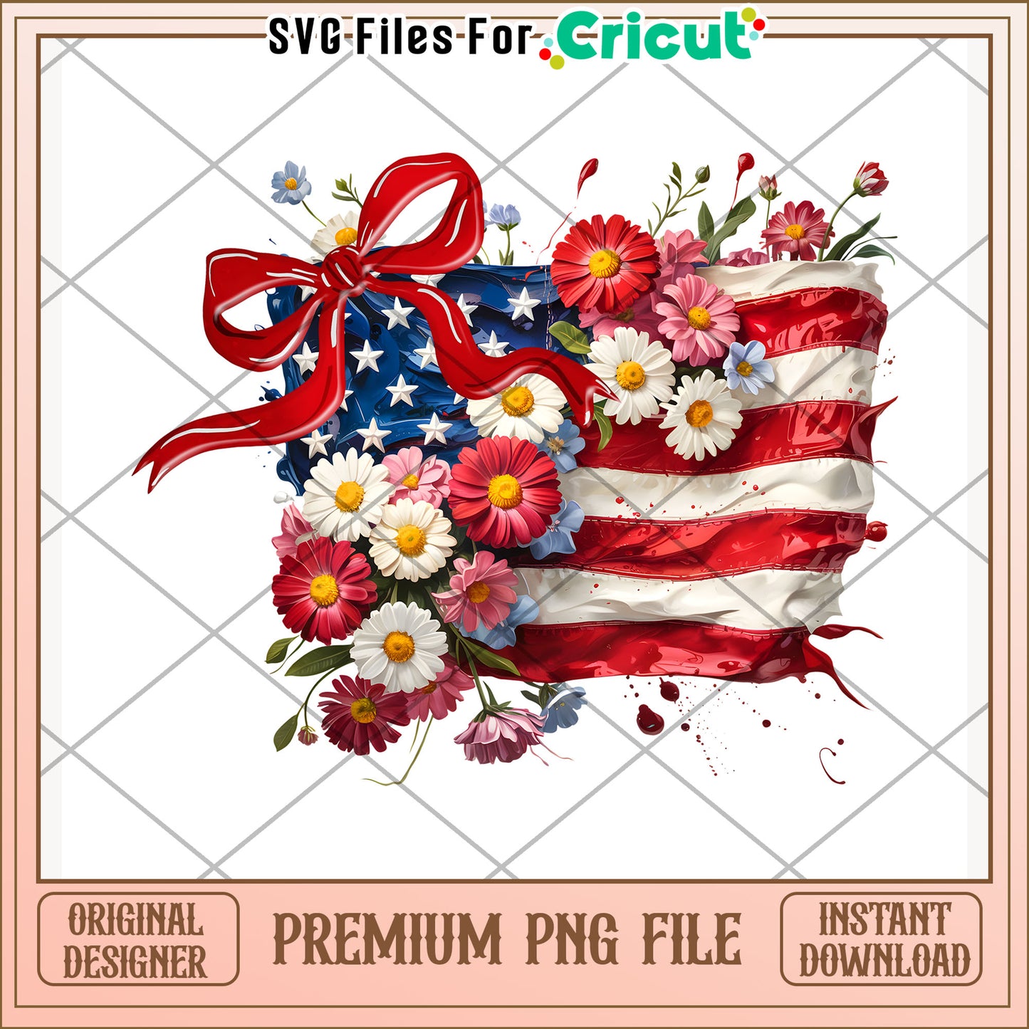American falg with daisy flower png, america i love png, red white and blue png