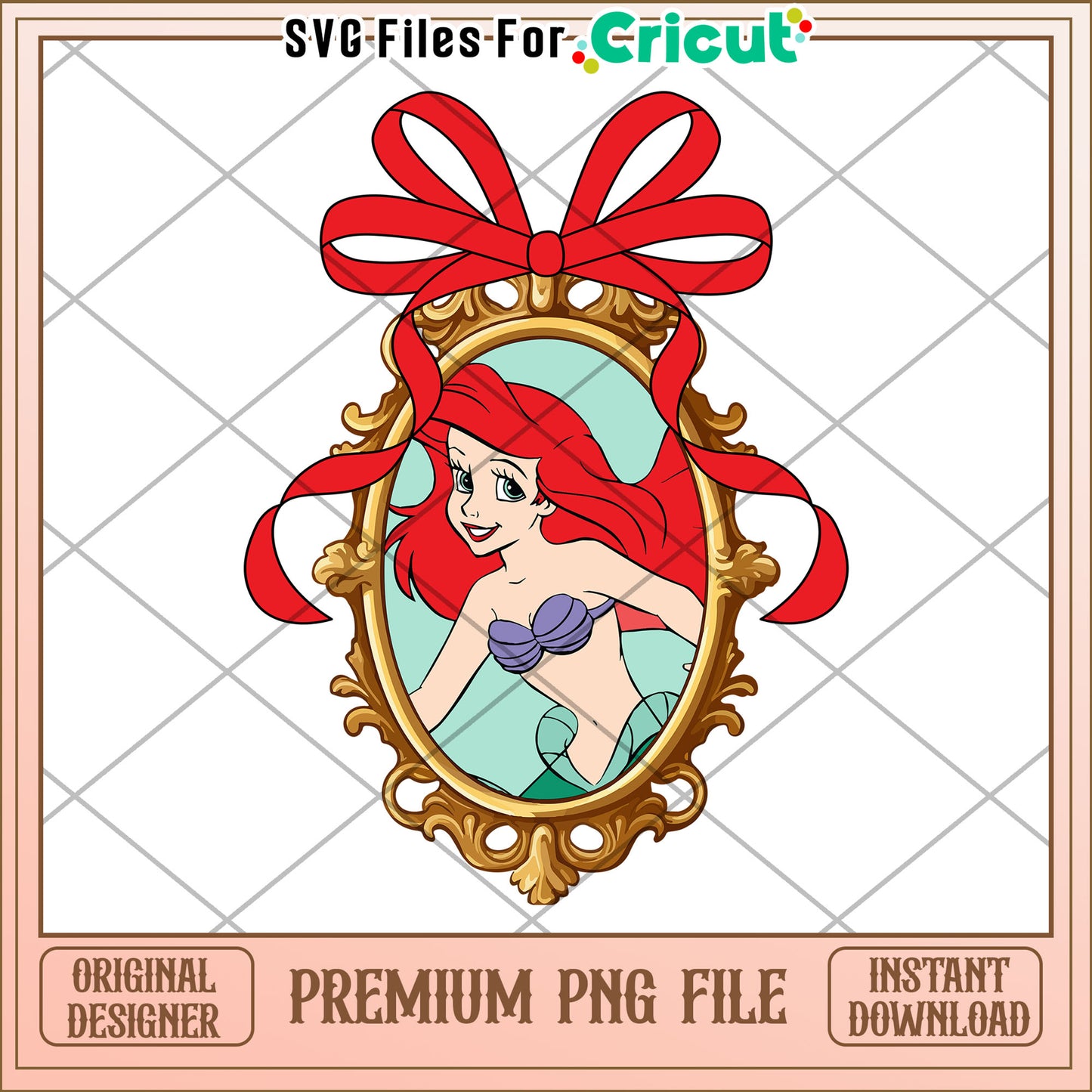 Ariel PNG Gold Frame, Red Bow