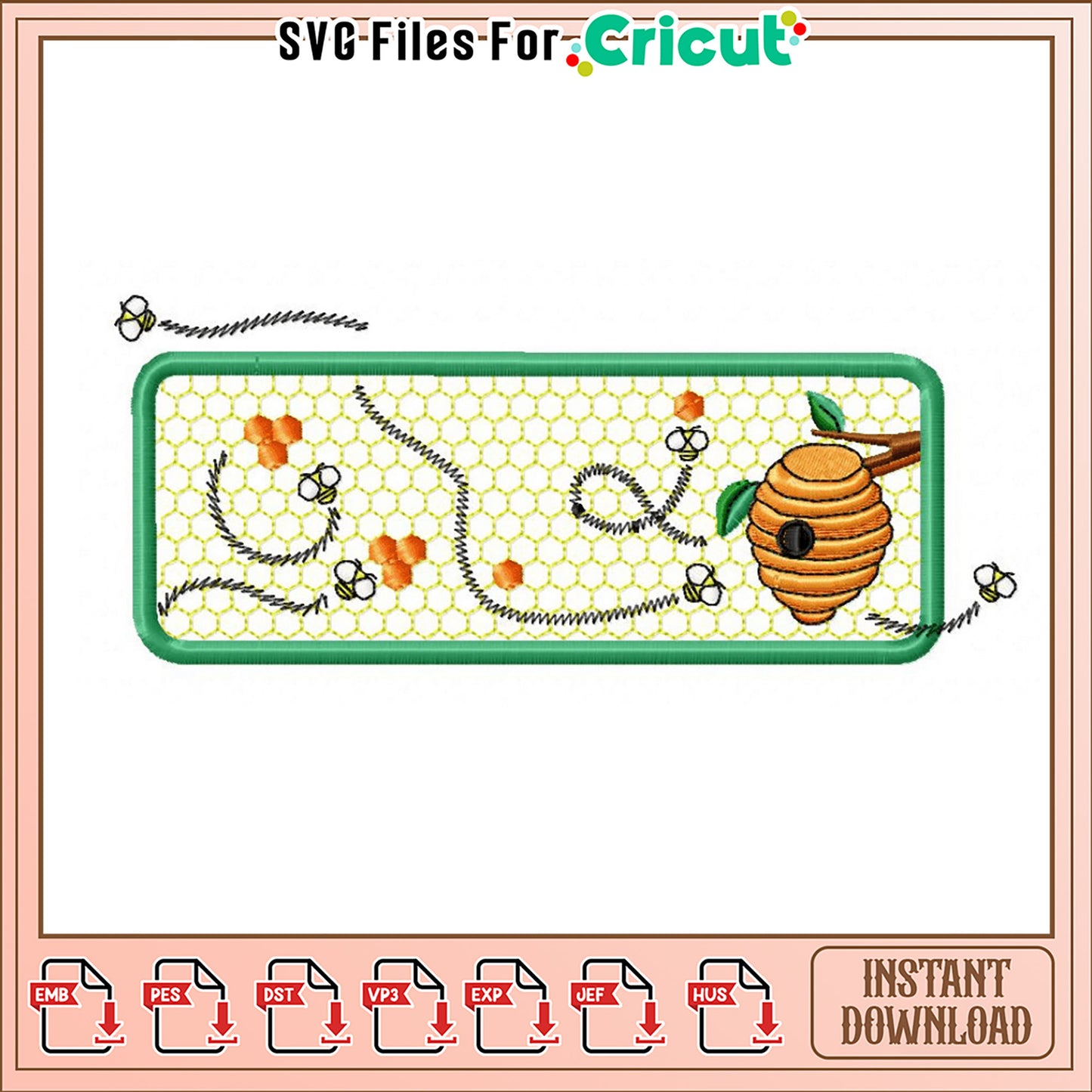 Bee Embroidery Design Honeycomb & Hive Instant Download
