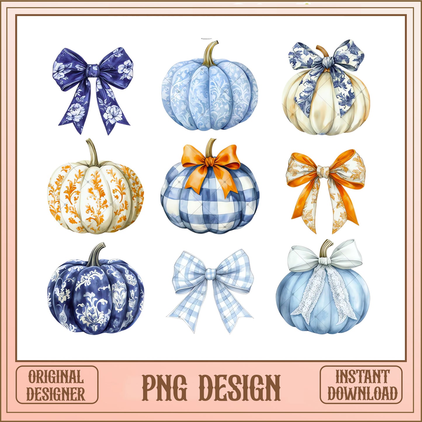 Blue Pumpkin With Bow Clipart Bundle, Fall Halloween PNG, Watercolor PNG
