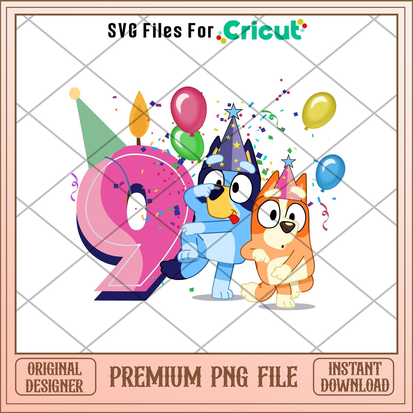 Bluey Happy 9th Birthday girl png, Bluey characters png, Digital Download