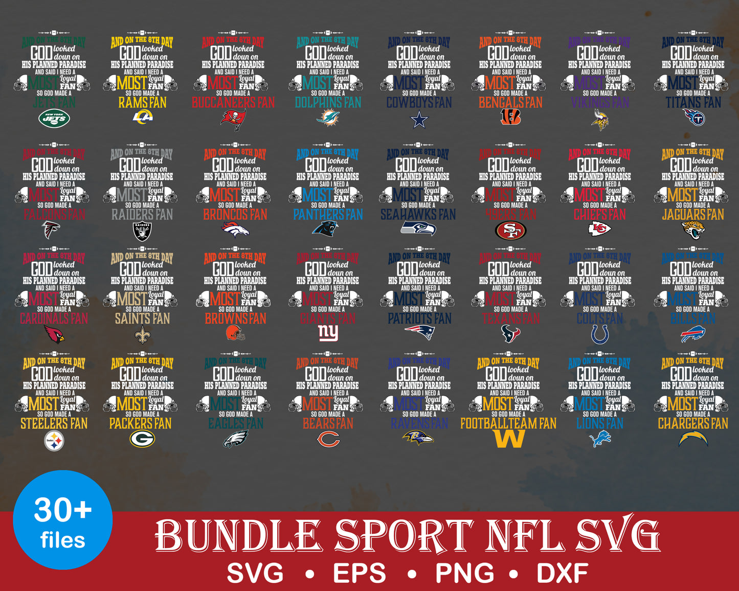 And on the 8th day logo nfl bundle svg, all 32 nfl team logos svg