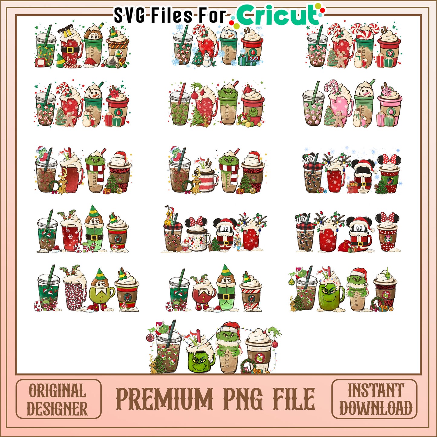 Christmas disney coffee cup bundle png, grinch coffee cup png