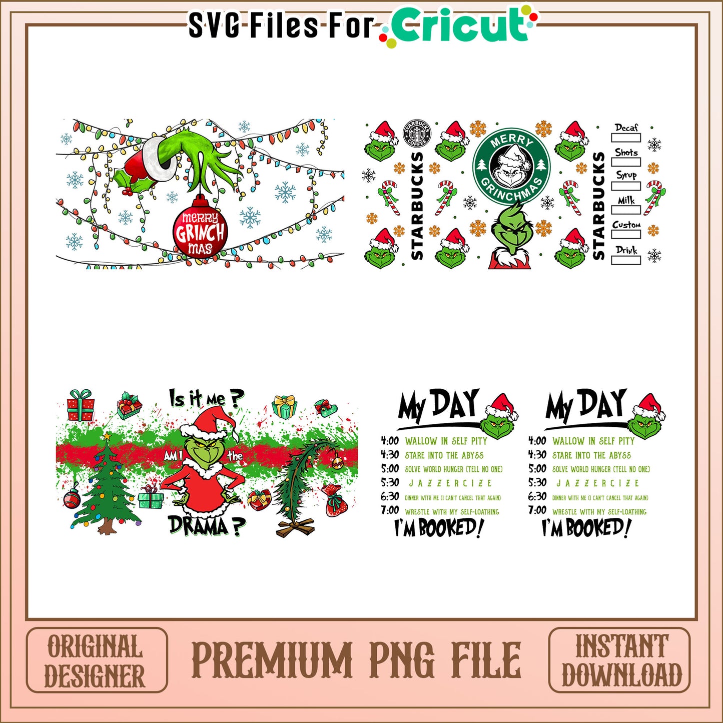 Grinch glass can tumbler bundle png, grinch christmas png