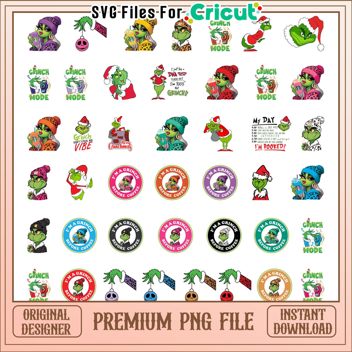 I'am a grinch before coffee logo bundle png, grinch santa hat png