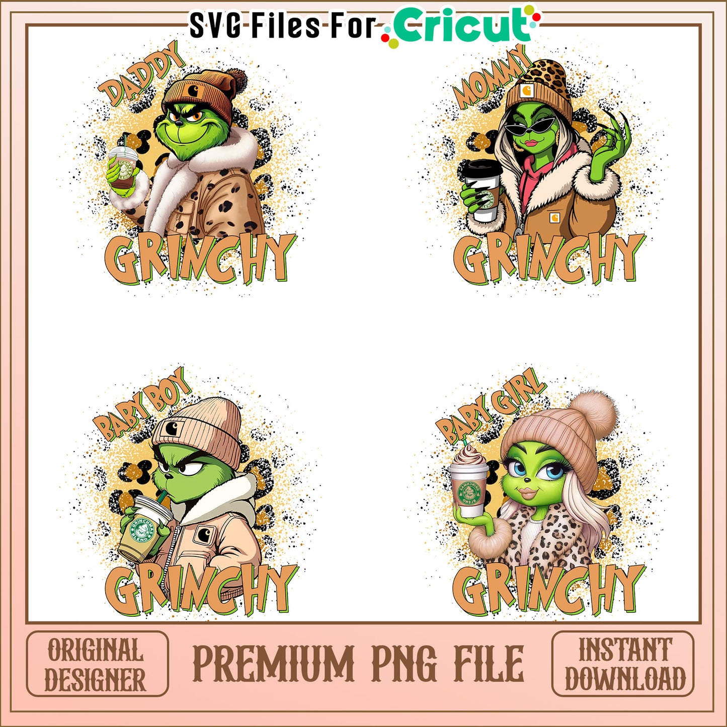 Family grinchy drink coffee bundle design png, grinch drinking coffee png