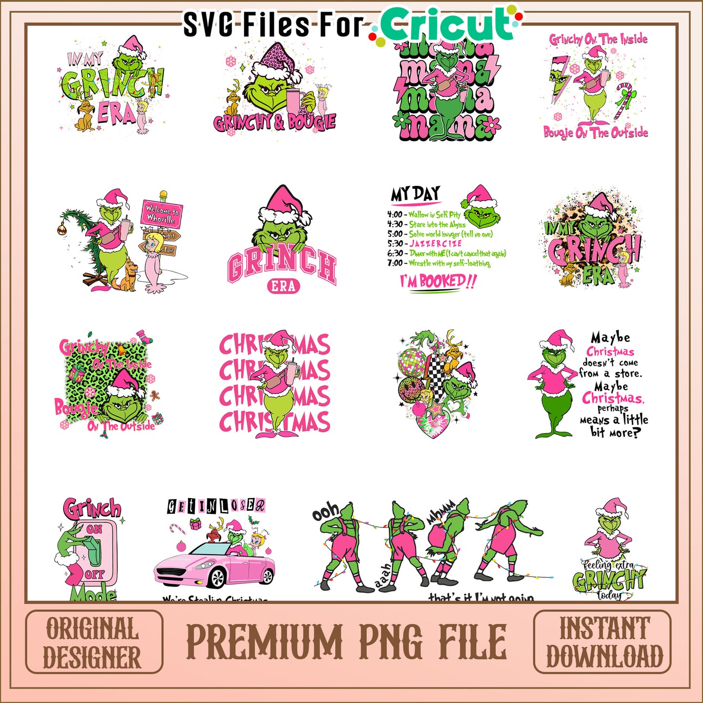 Grinch era christmas pink bundle png, grinch in santa hat png