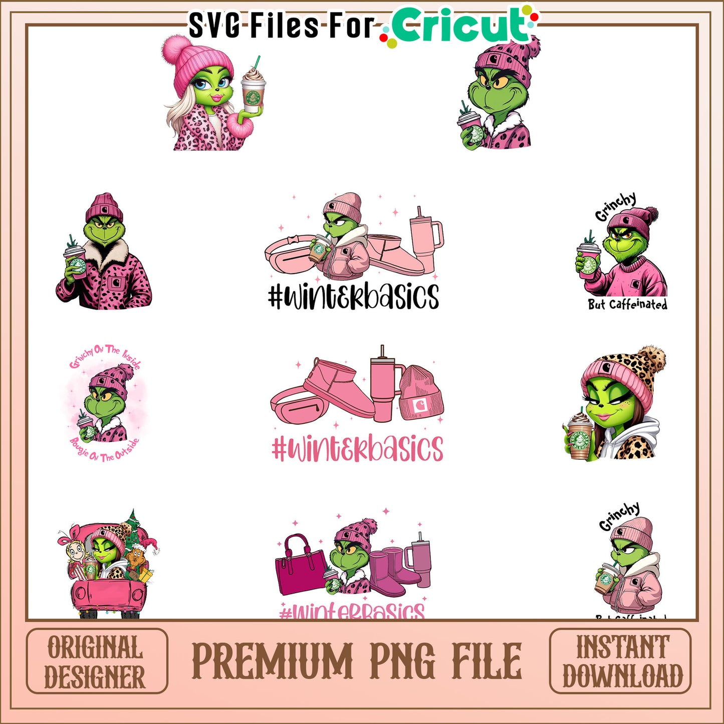 Grinch winterbasics pink christmas bundle png, grinch pink shirt png