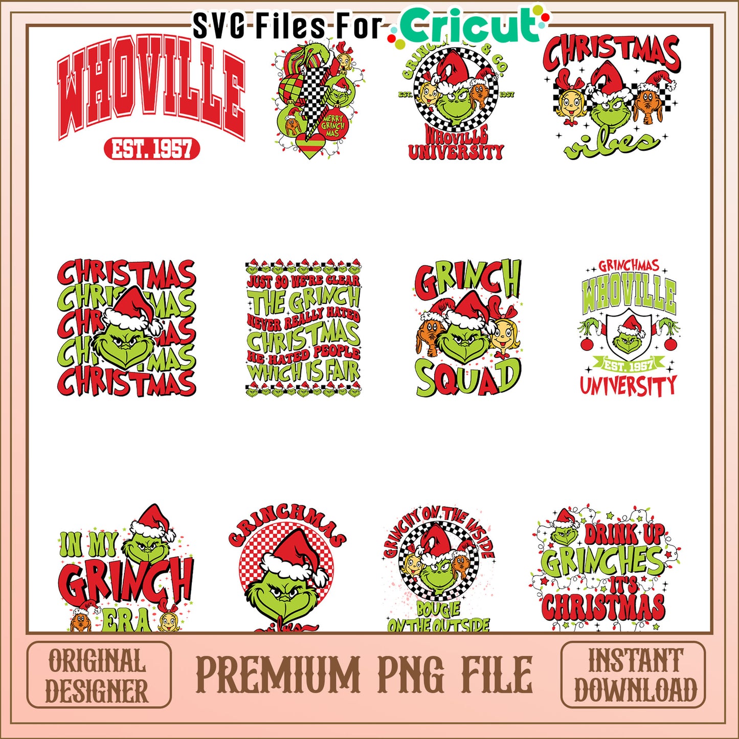 Grinch squad christmas santa bundle png, grinch in a santa hat png
