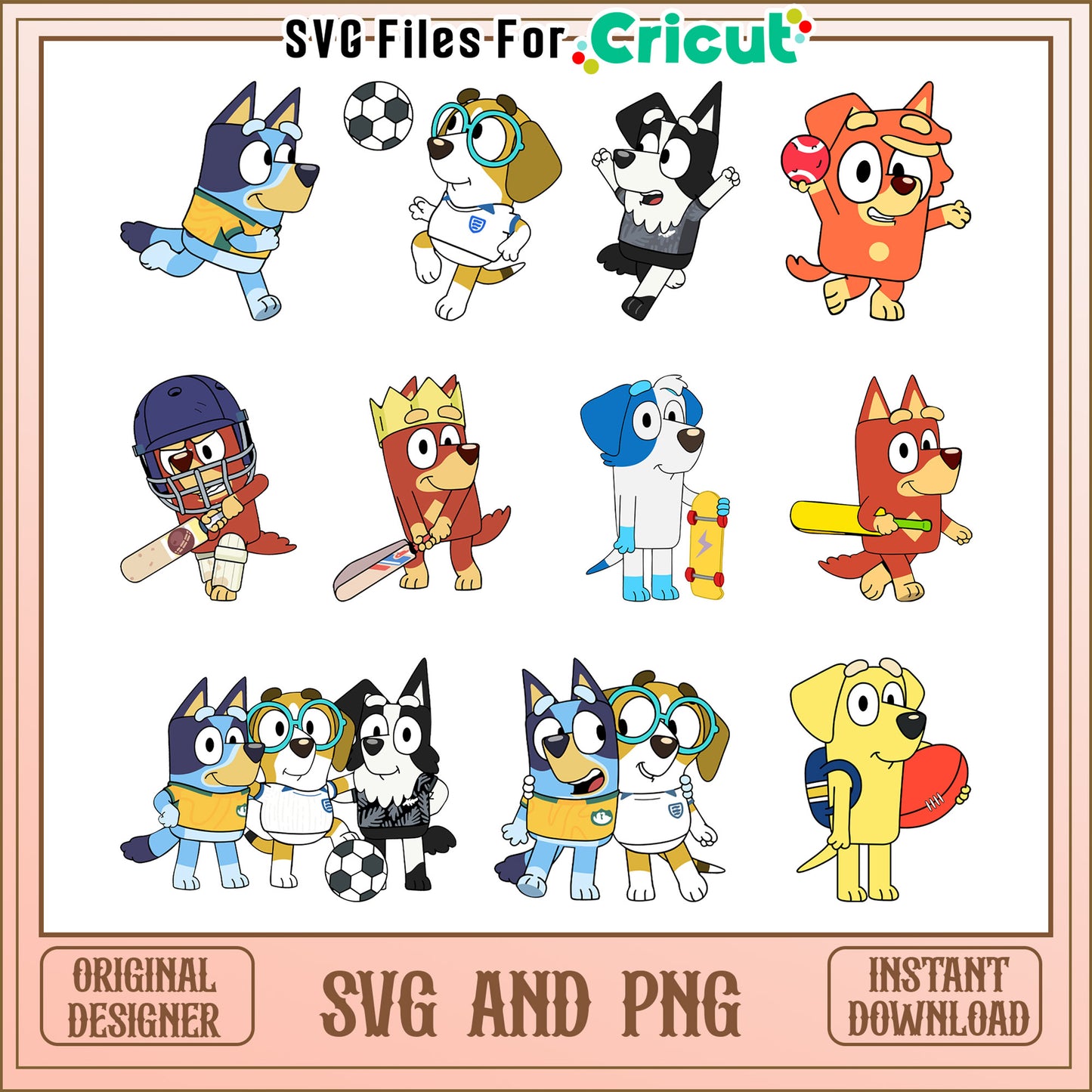 Bluey dog sport design bundle svg, bluey cartoon characters svg