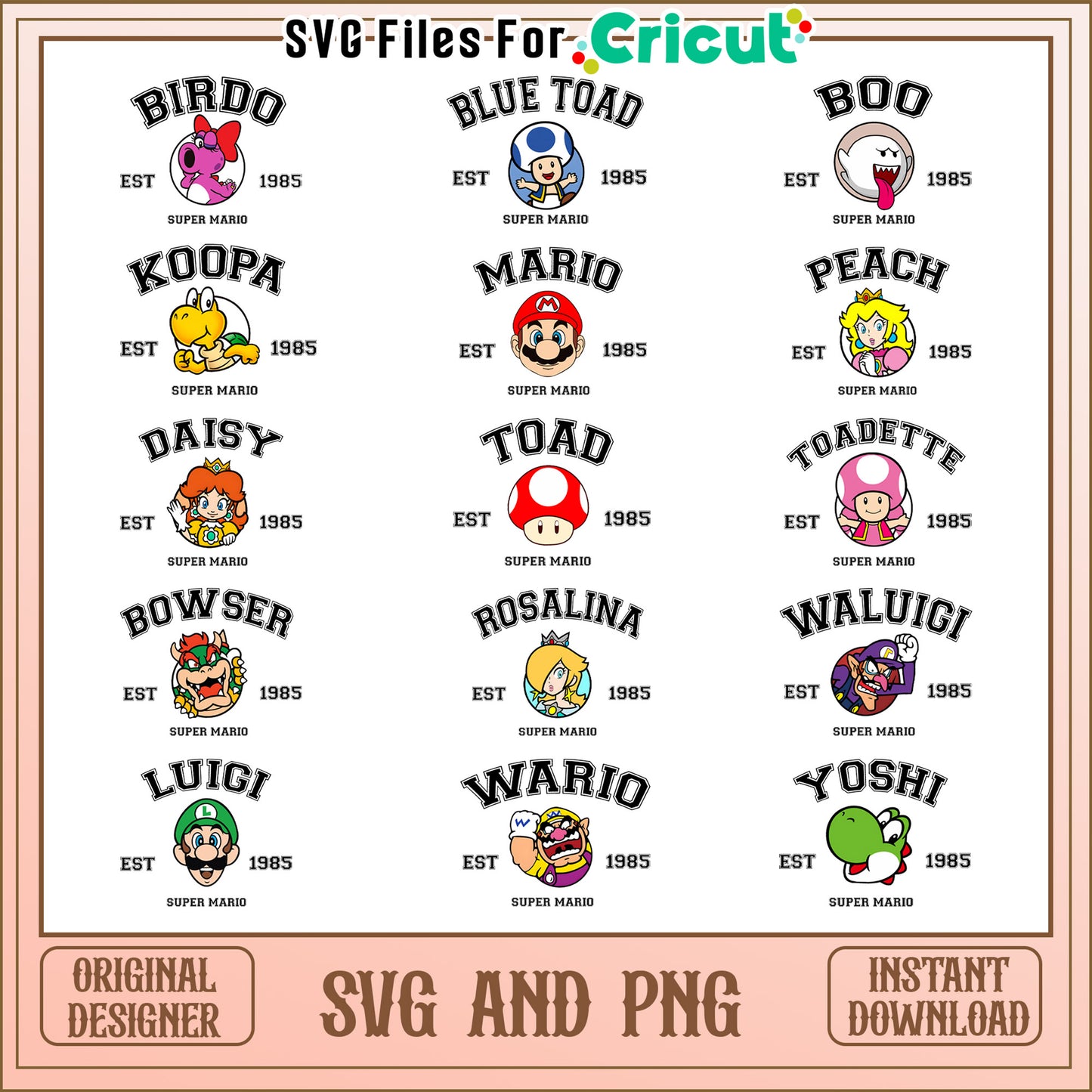 Super mario est 1985 design bundle svg, super mario cartoon svg