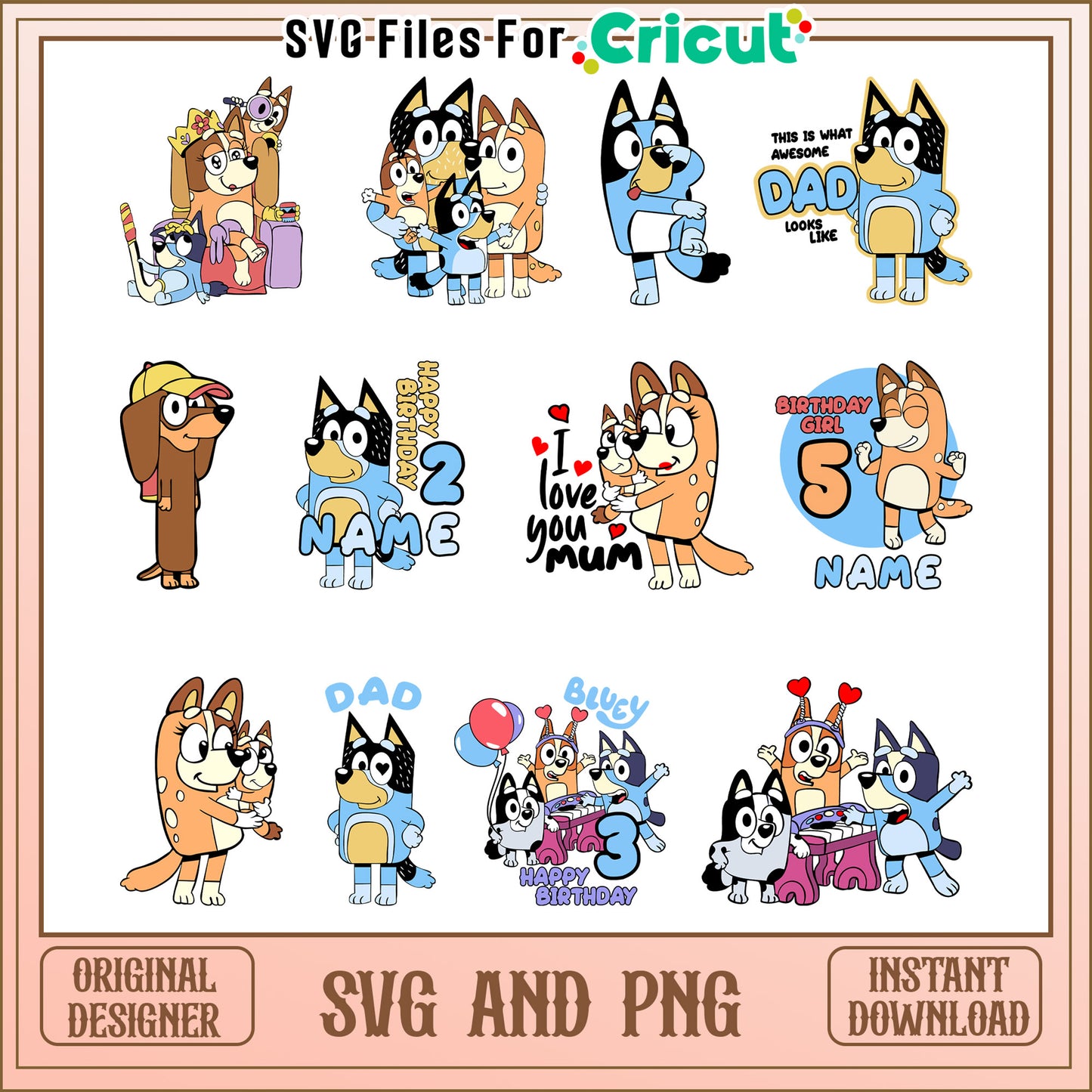 Bluey cartoon birthday bundle svg, bluey happy birthday svg