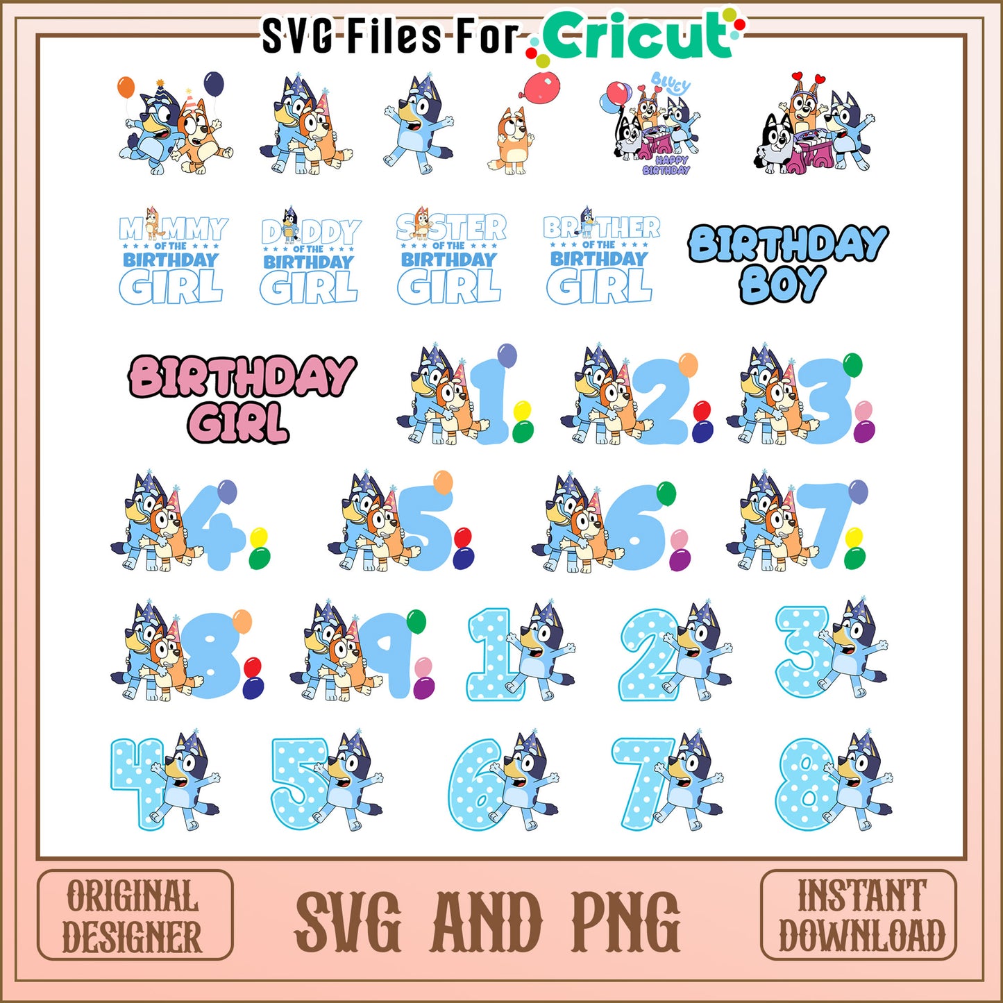 Bluey cartoon birthday bundle svg, bluey and friends svg