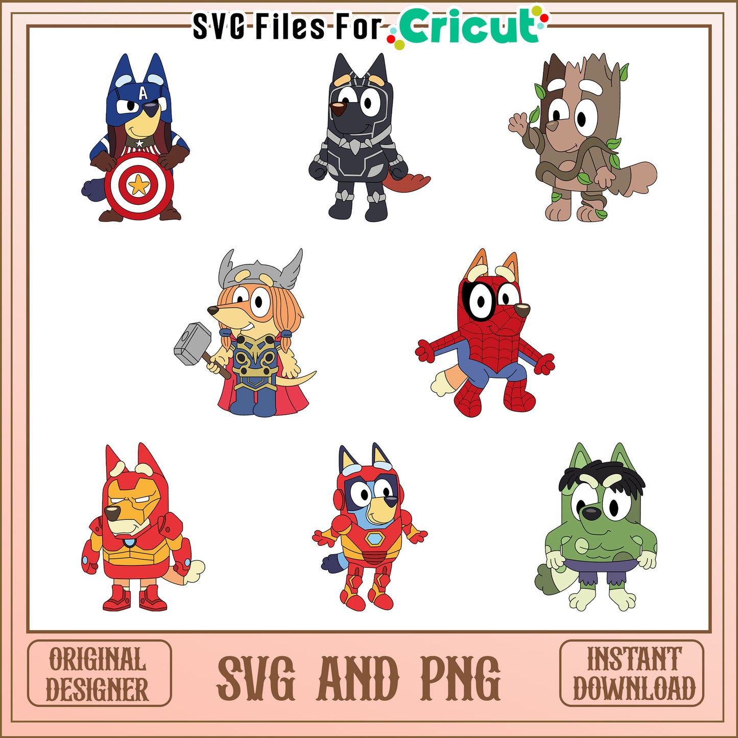 Bluey cosplay marvel bundle design svg, bluey the cartoon svg