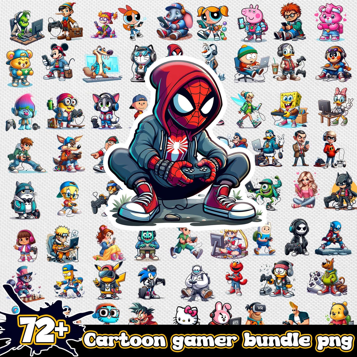 Cartoon player gamer design bundle png, popular cartoon characters png