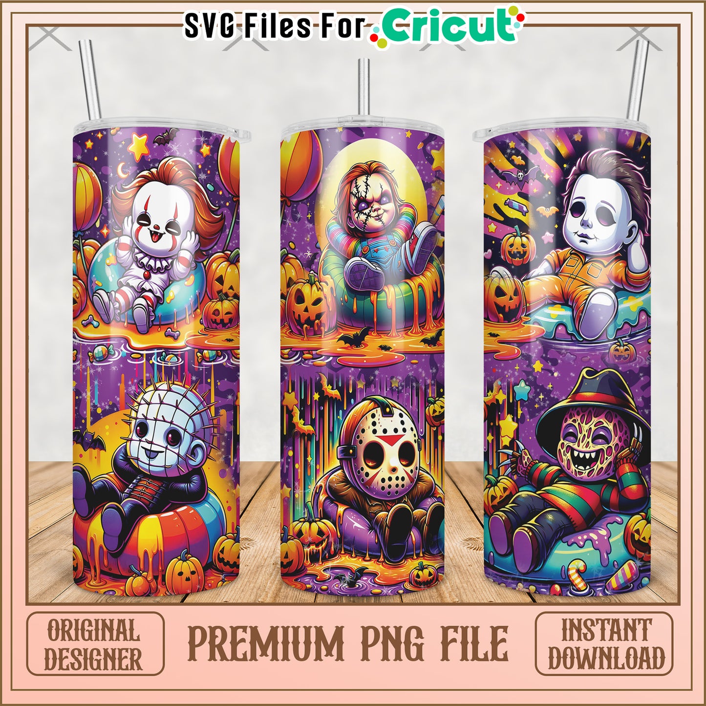 Chibi horror movie characters tumbler png, horror movie png, halloween tumbler png