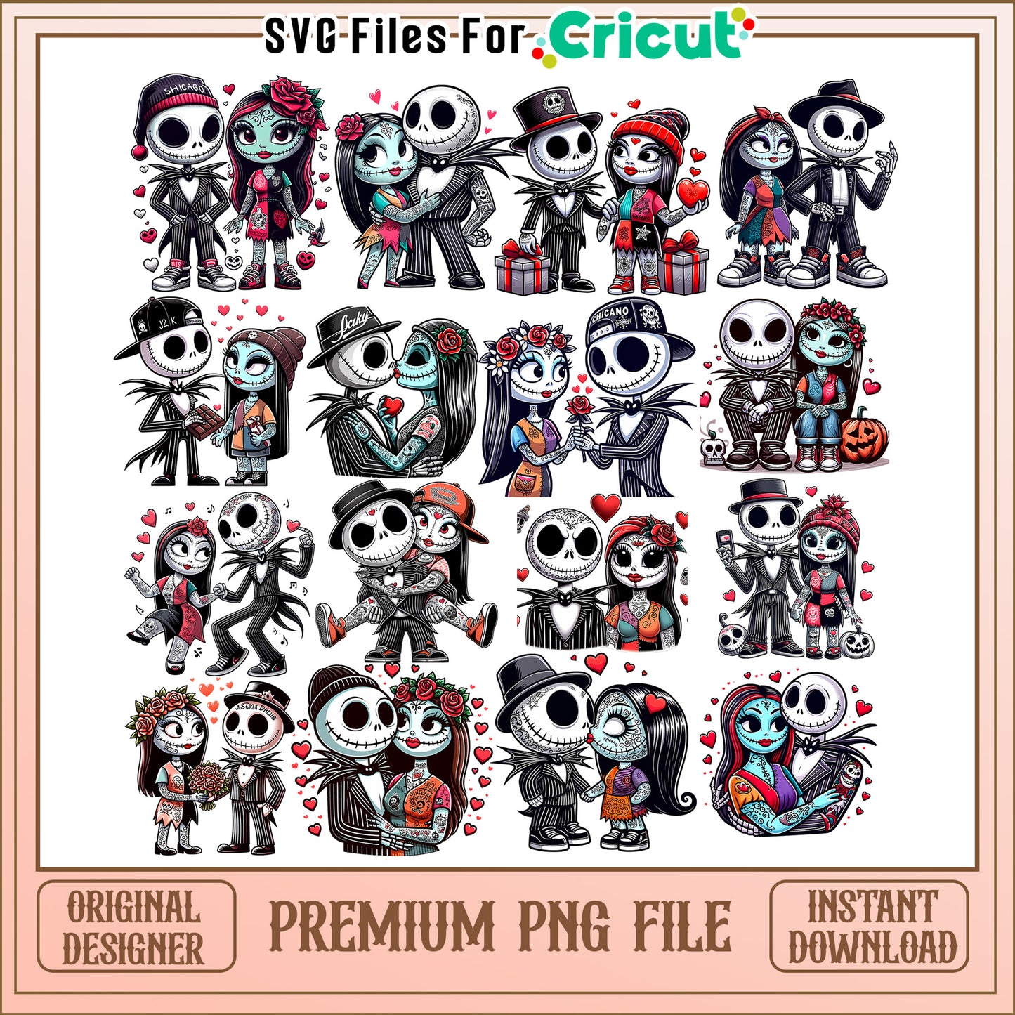 Jack and sally love valentine bundle png, sally and jack png