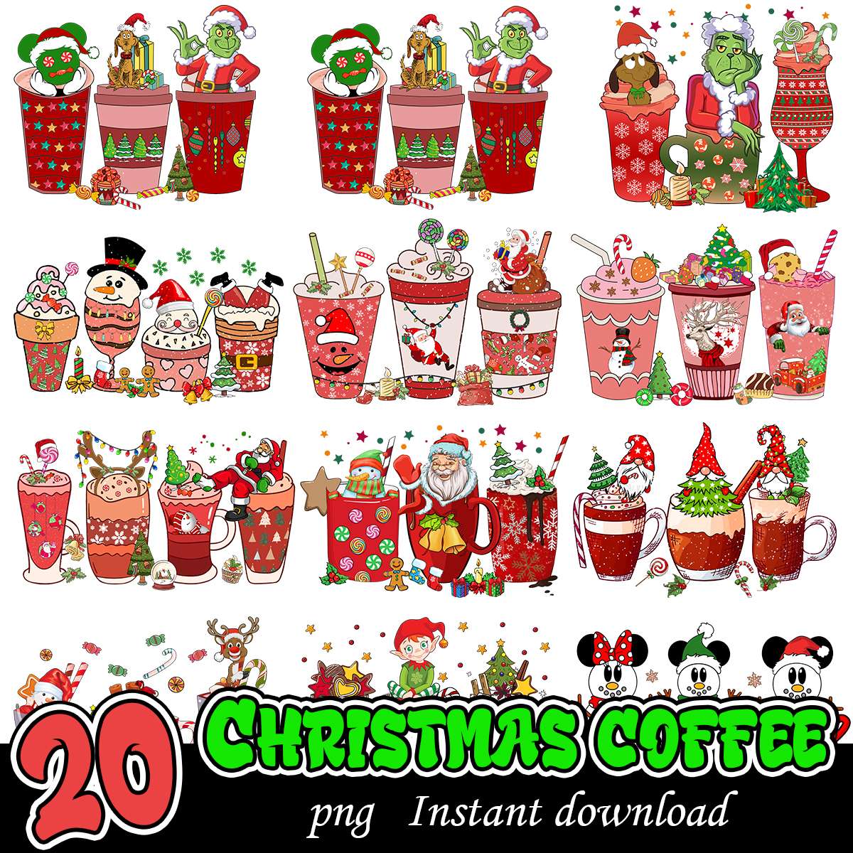 Christmas Coffee Characters Bundle PNG, Christmas coffee cups bundle