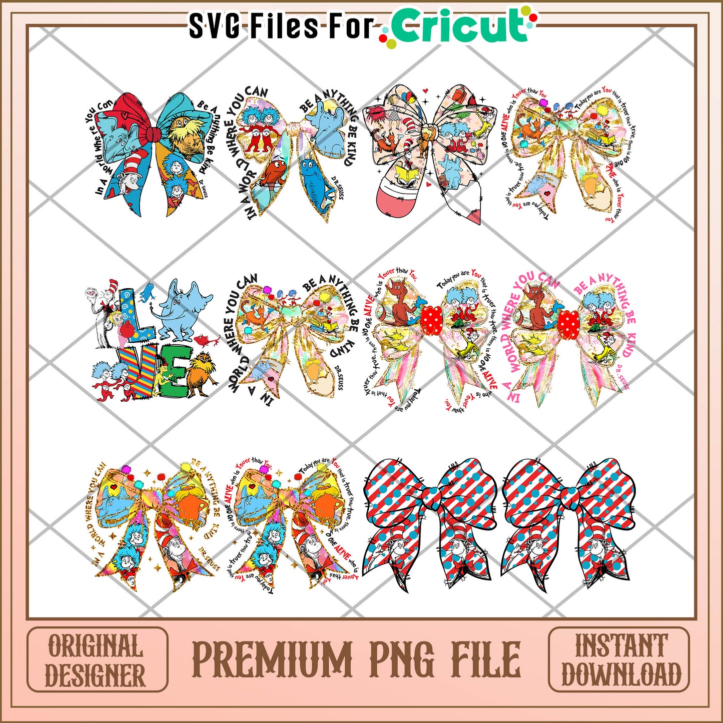 Colorful Dr. Seuss Inspired Bow PNG Bundle Instant Download