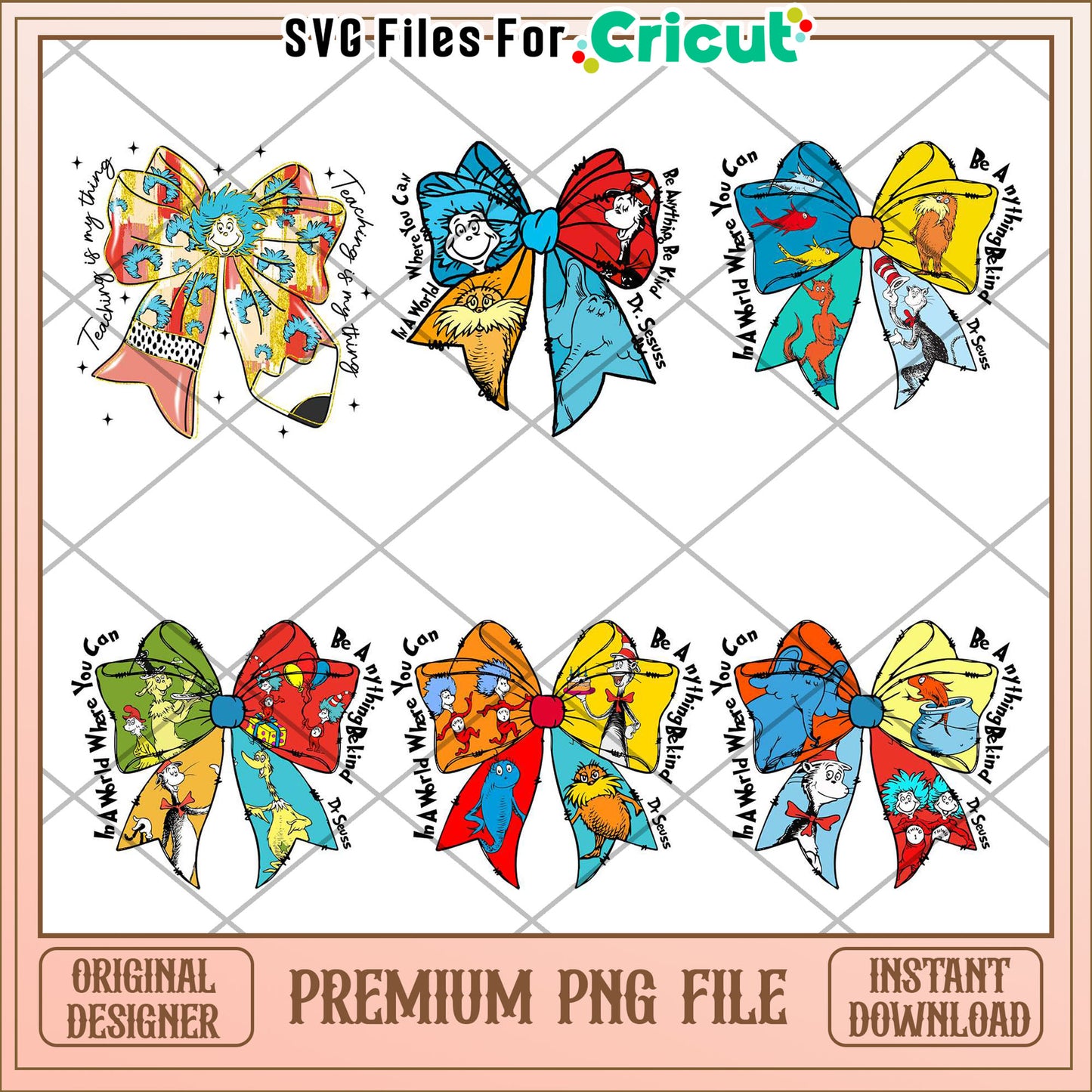Colorful Dr Seuss Inspired Bow Bundle PNG for Crafts