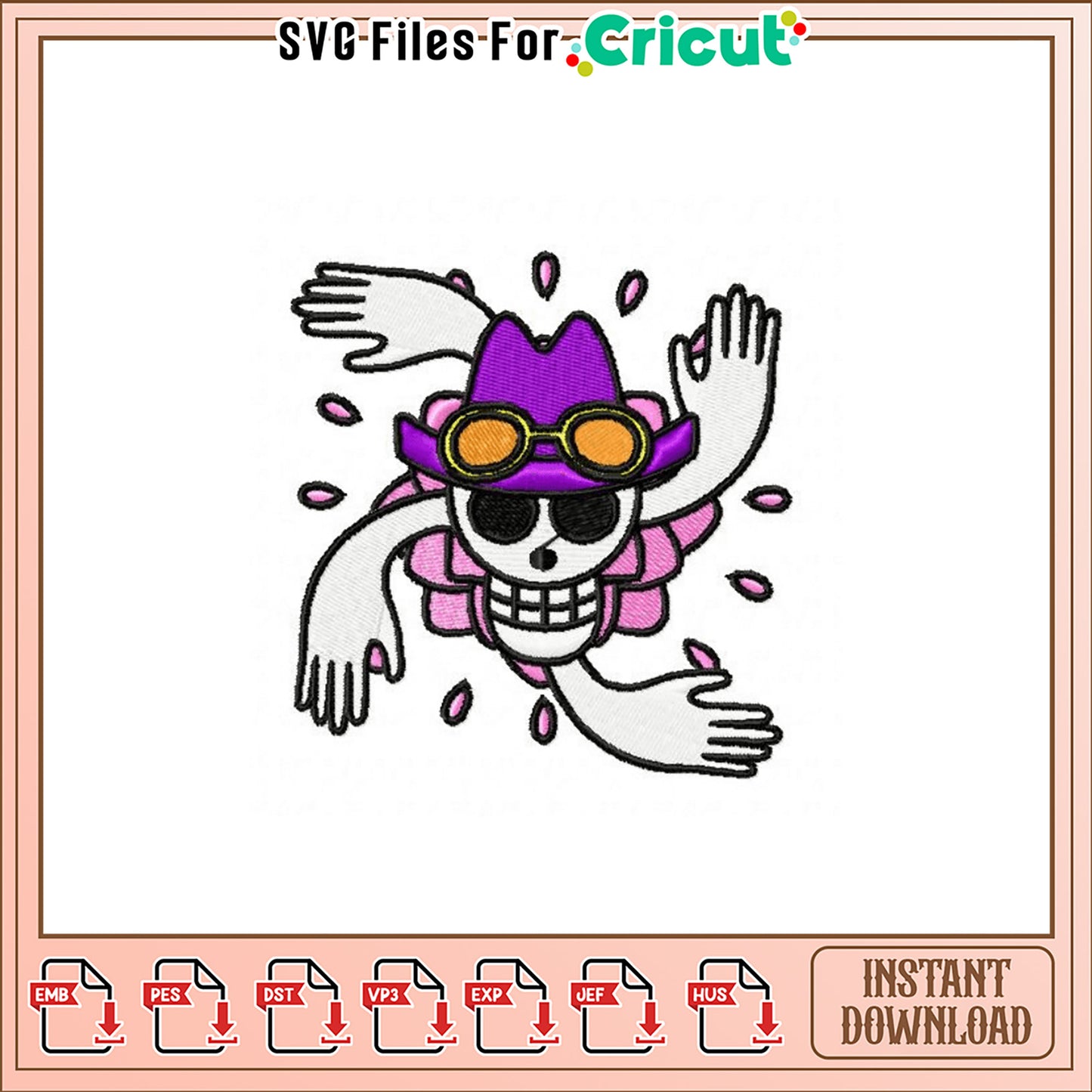 Cool Skull Embroidery Design with Purple Hat and Shades
