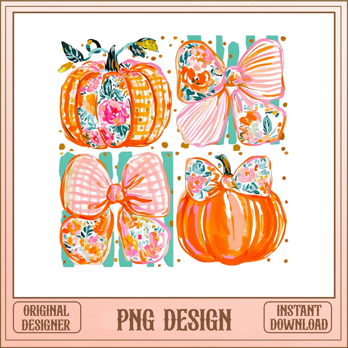 Coquette Pumpkin Bow PNG, Fall Halloween PNG, Floral Pumpkin PNG