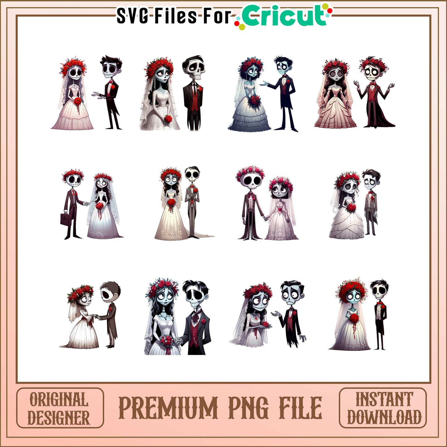 Corpse bride couple valentine bundle png, corpse bride cartoon png