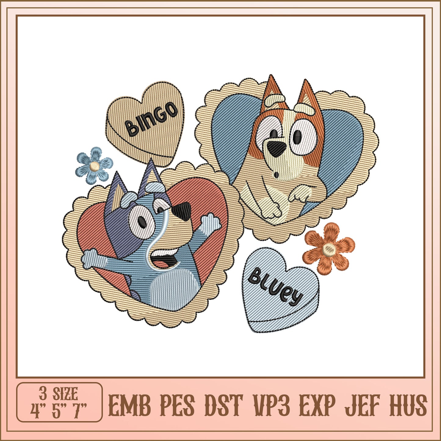 Cute Bingo and Bluey Embroidery Design for Kids Projects 4x5x7