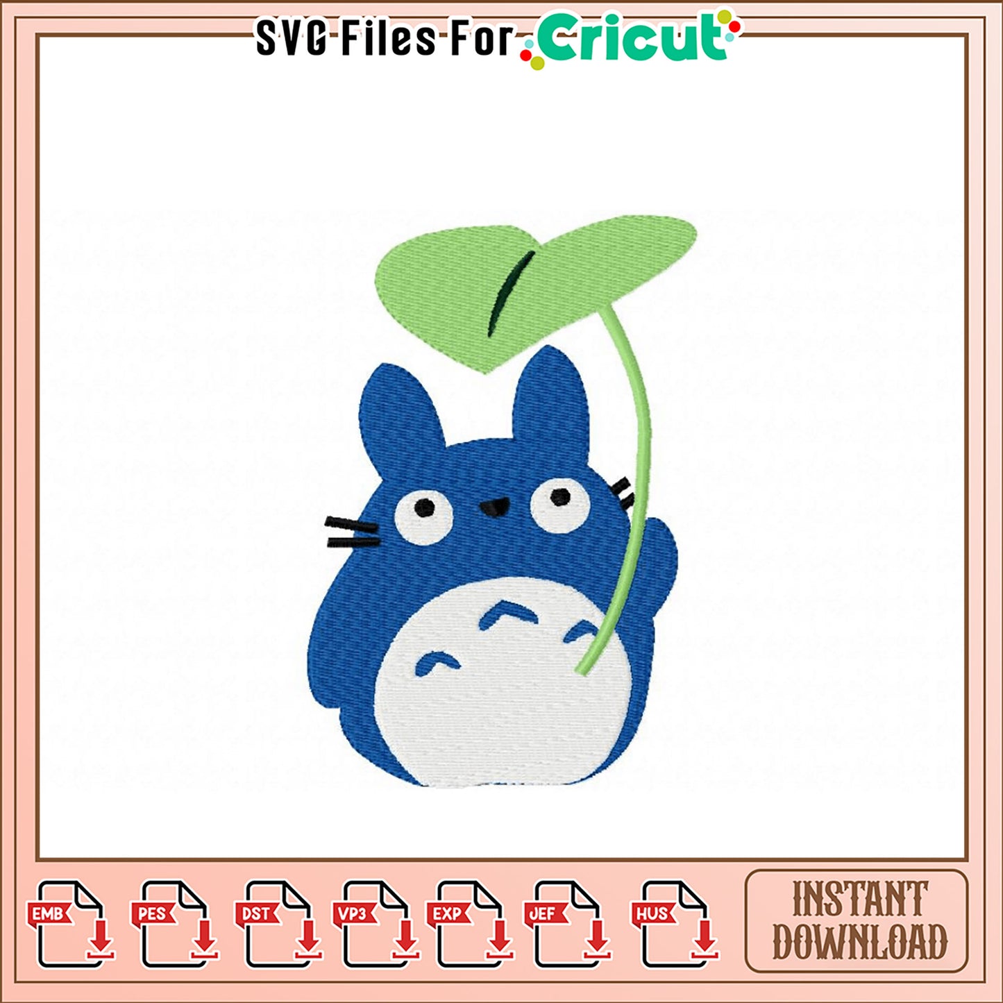 Cute Blue Animal Embroidery Design with Leaf Accent