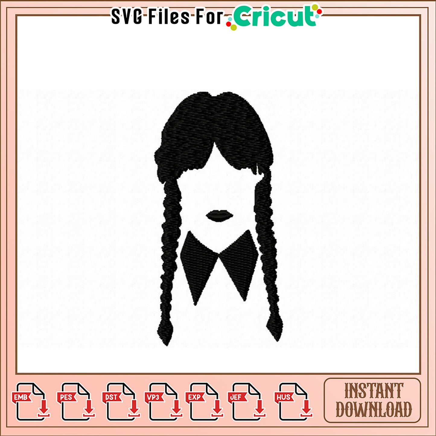Cute Braided Girl Embroidery Design for Instant Download