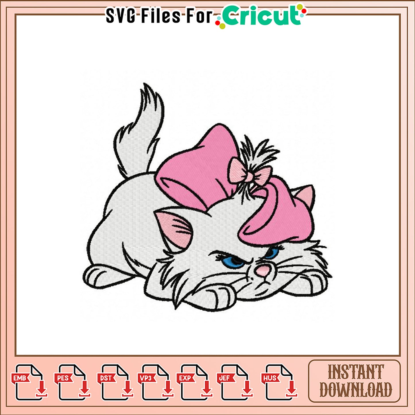 Cute Cat Embroidery Design with Bow for Sewing Projects
