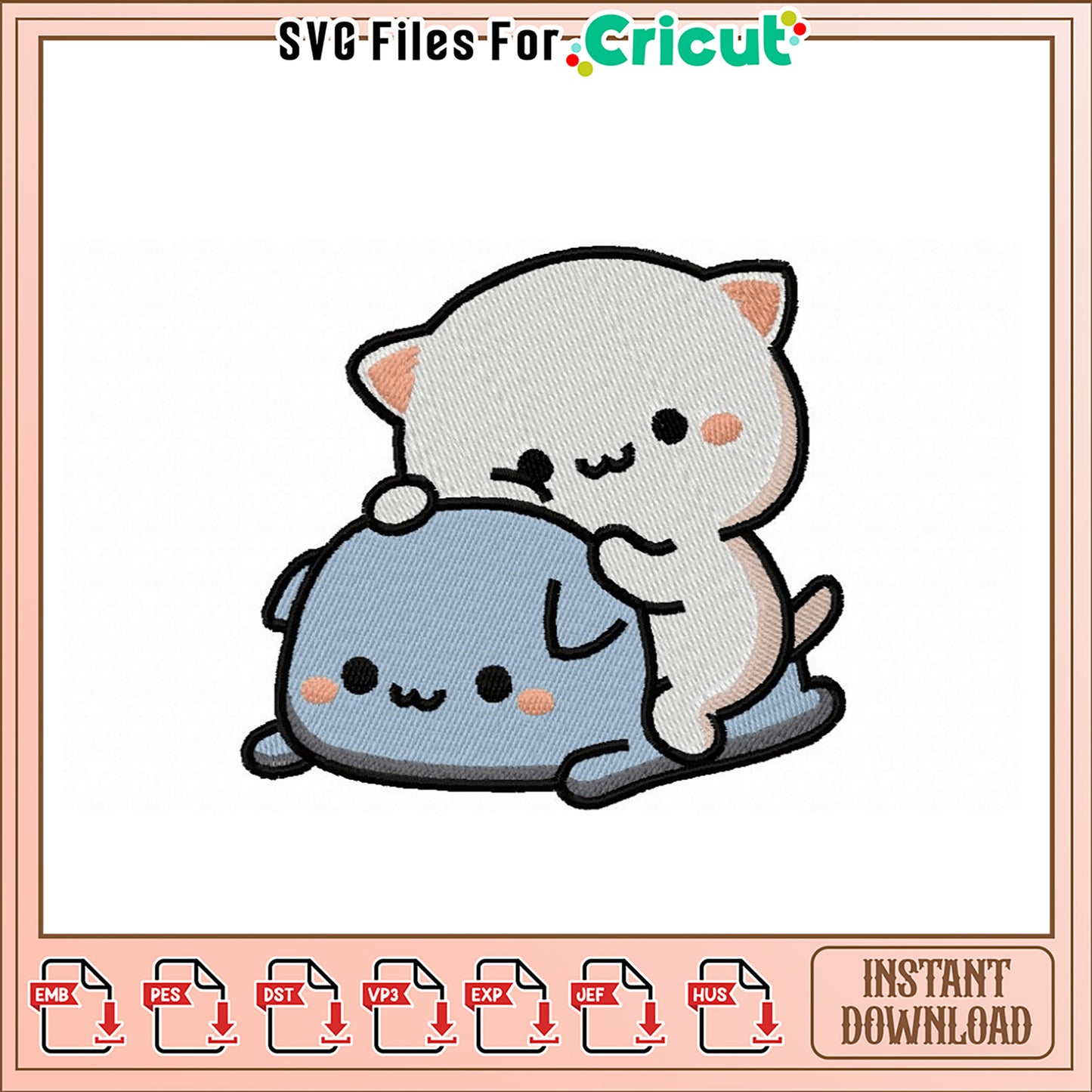 Cute Cat and Dog Embroidery Design for Instant Download