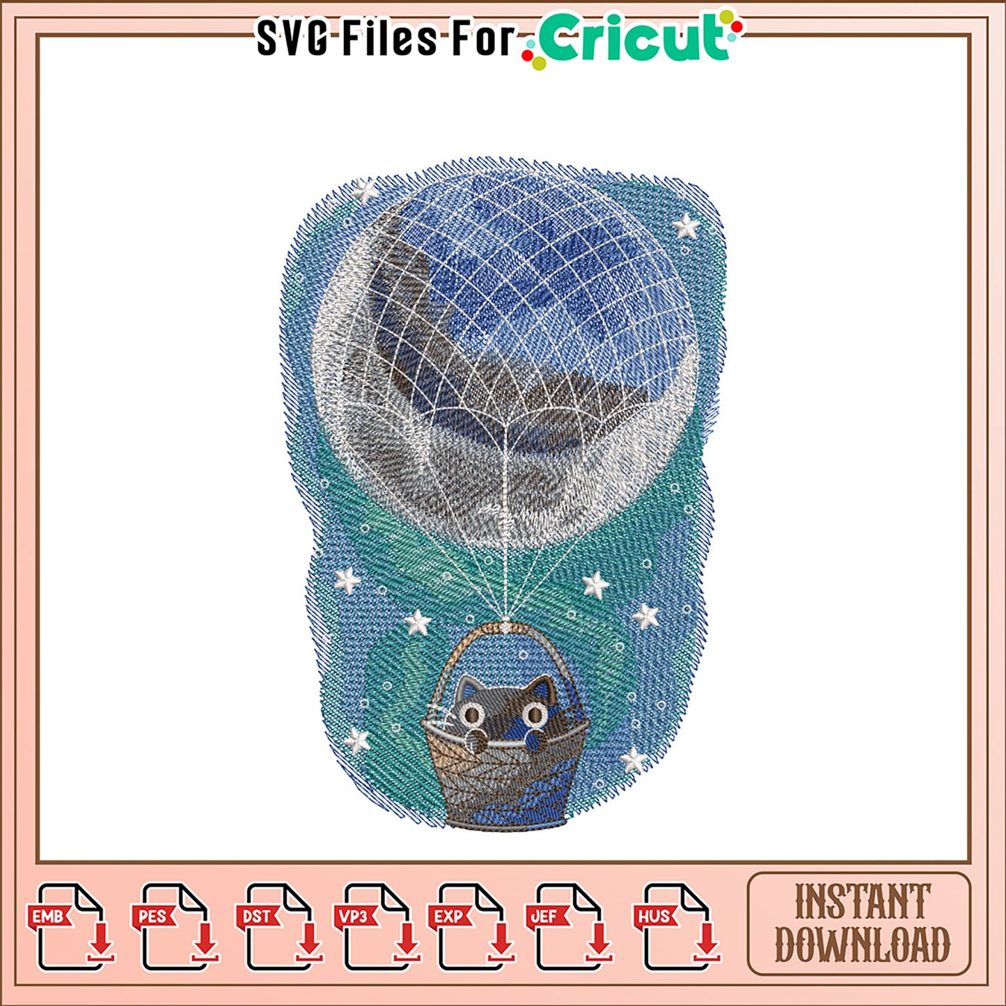 Cute Cat in Hot Air Balloon Embroidery Design Download