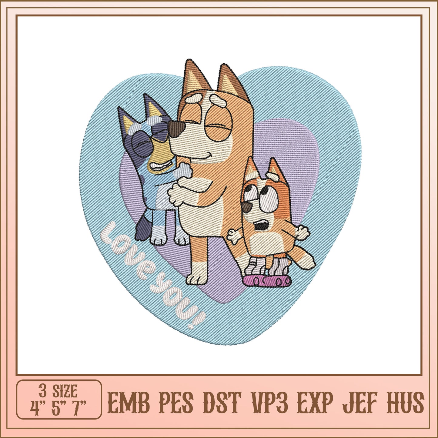 Cute Dog Family Embroidery Design Love You Heart Pattern