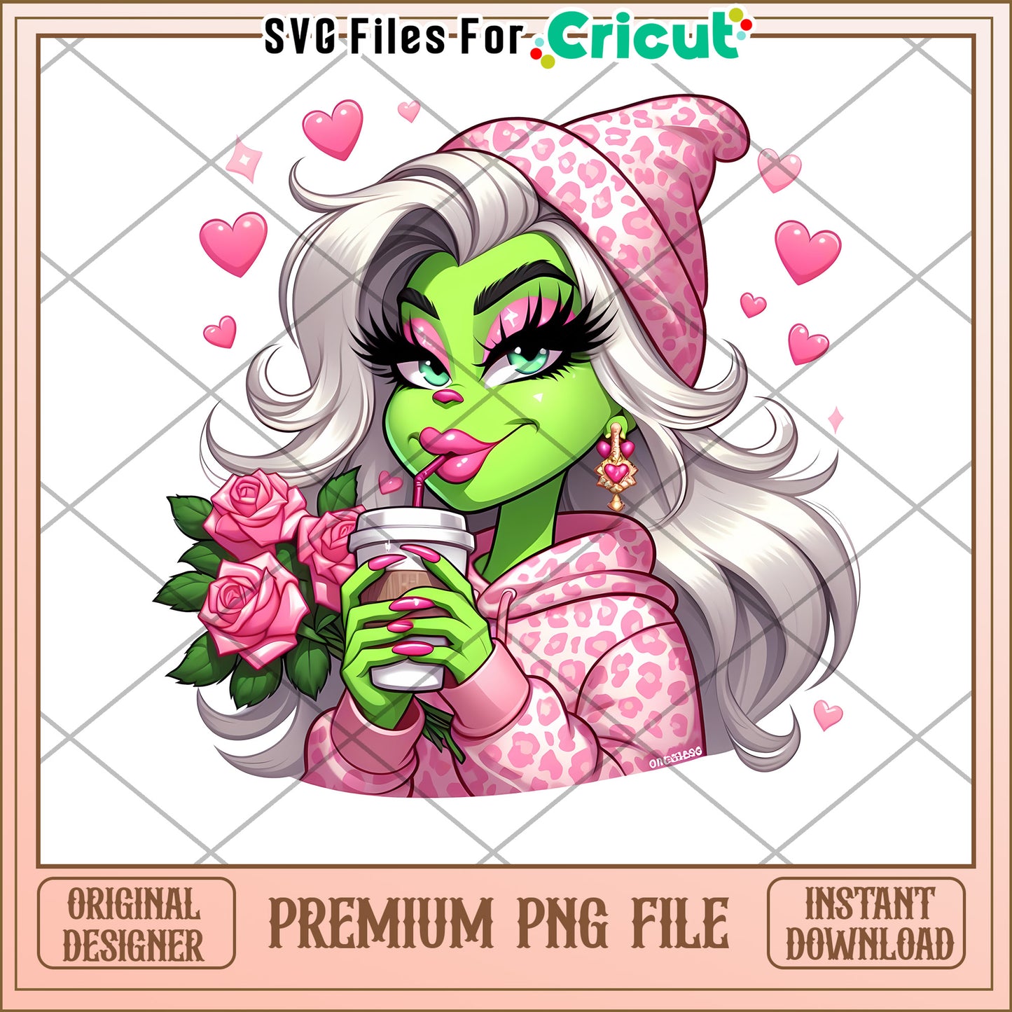 Cute Green Character Drinking Coffee PNG for Crafts
