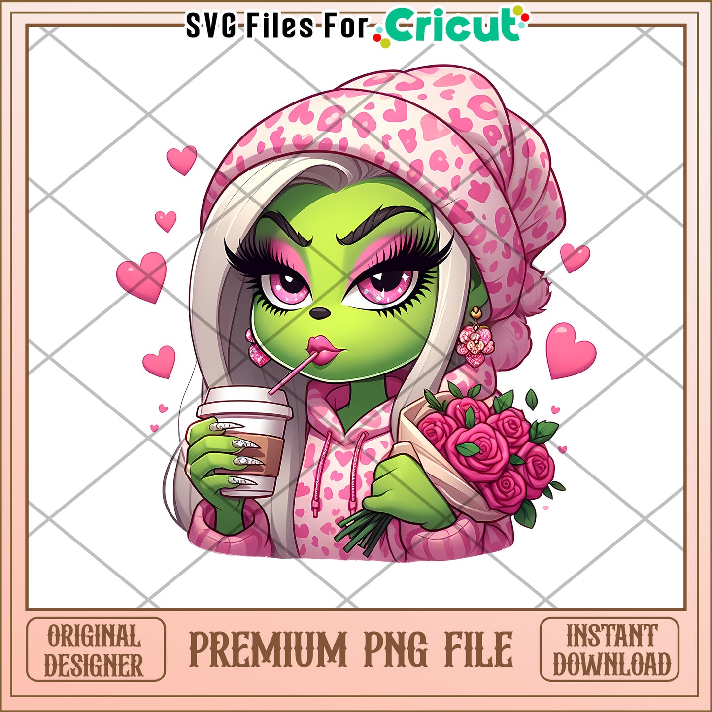 Cute Green Character with Hearts and Flowers PNG Download
