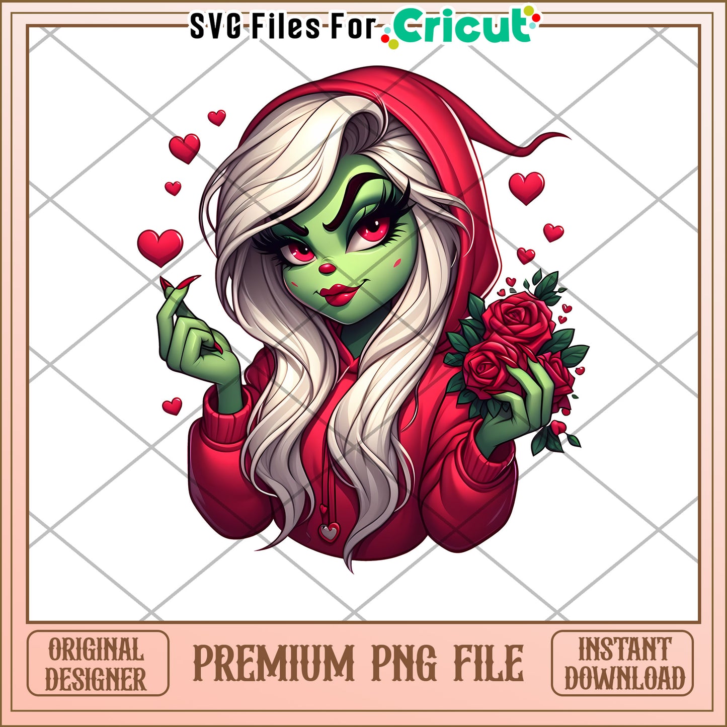 Cute Green Character with Hearts and Roses PNG Digital File Download