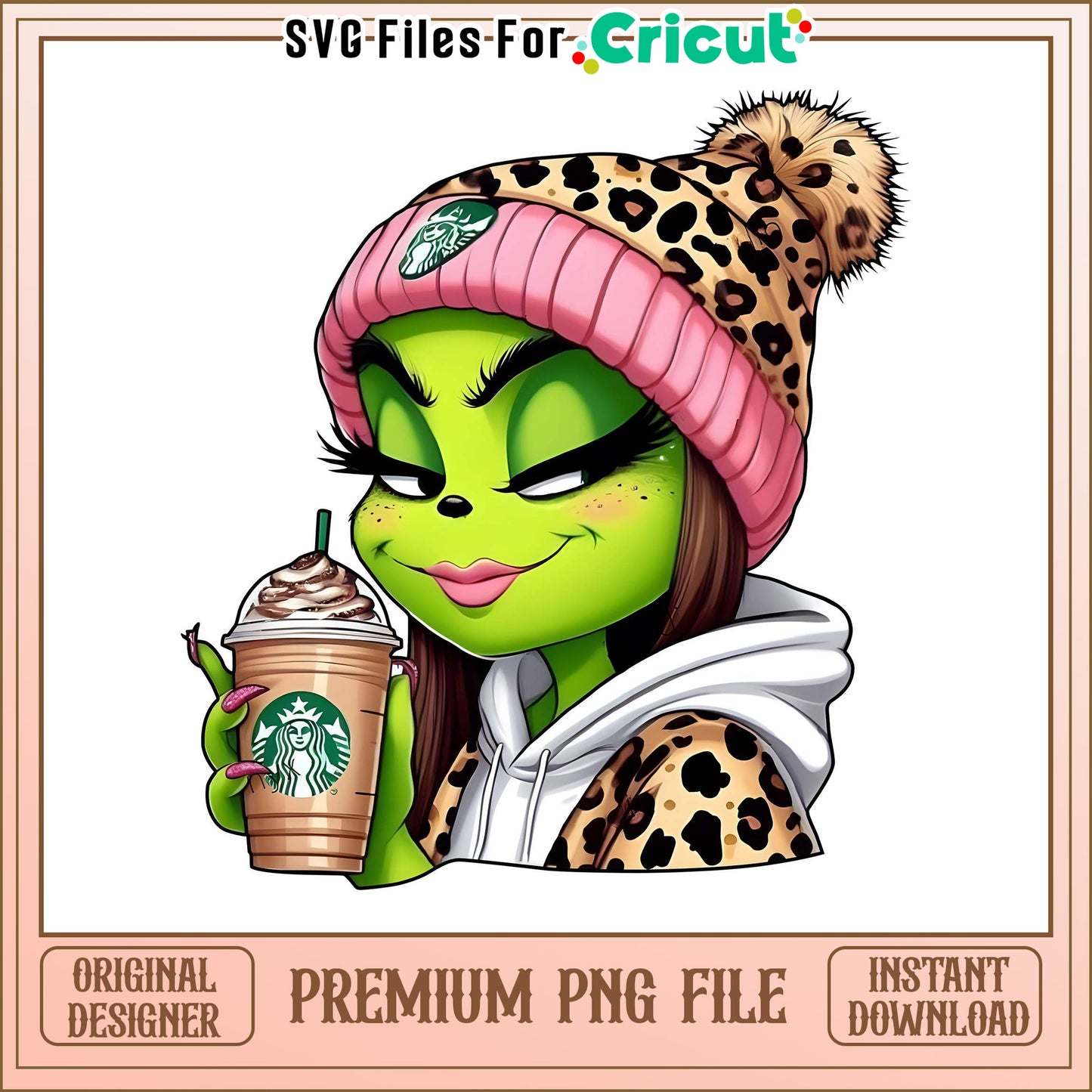 Cute Grinch Character Holding Coffee Cup, Fun PNG File for Crafts