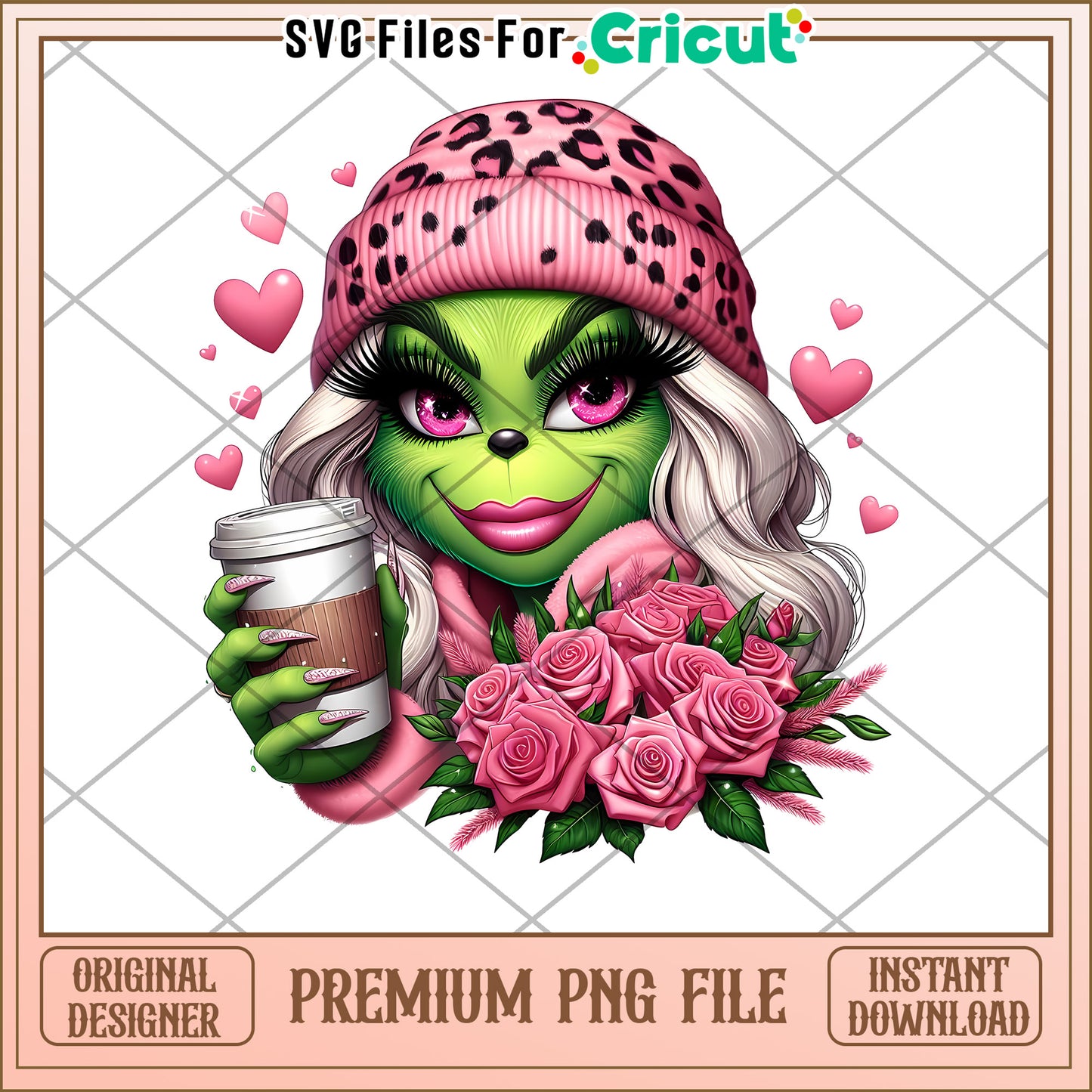 Cute Grinch Girl with Coffee and Roses PNG Download