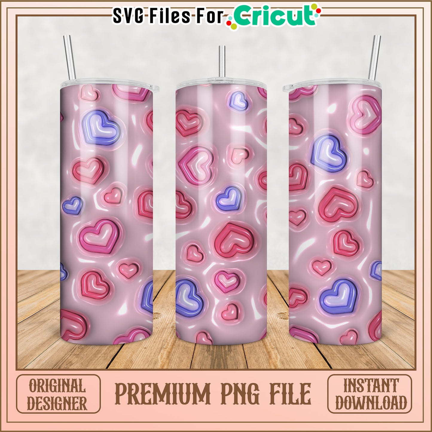 Cute Heart Pattern Tumbler Design Premium PNG Instant Download