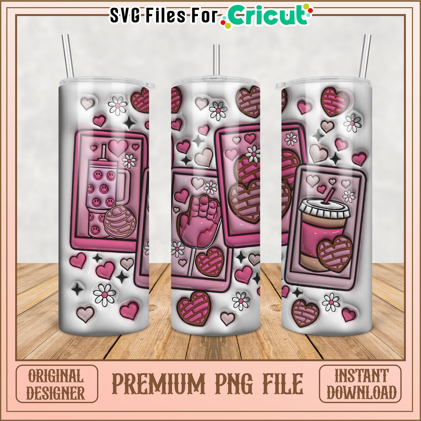 Cute Heart Pattern Tumbler PNG for Cricut Instant Download File