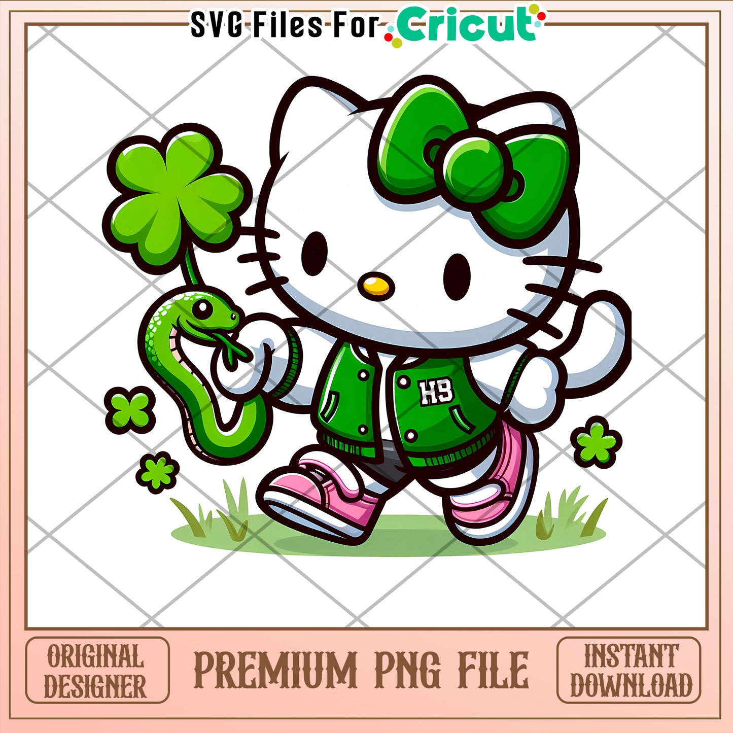 Cute Hello Kitty PNG Design with Green Bow and Snake