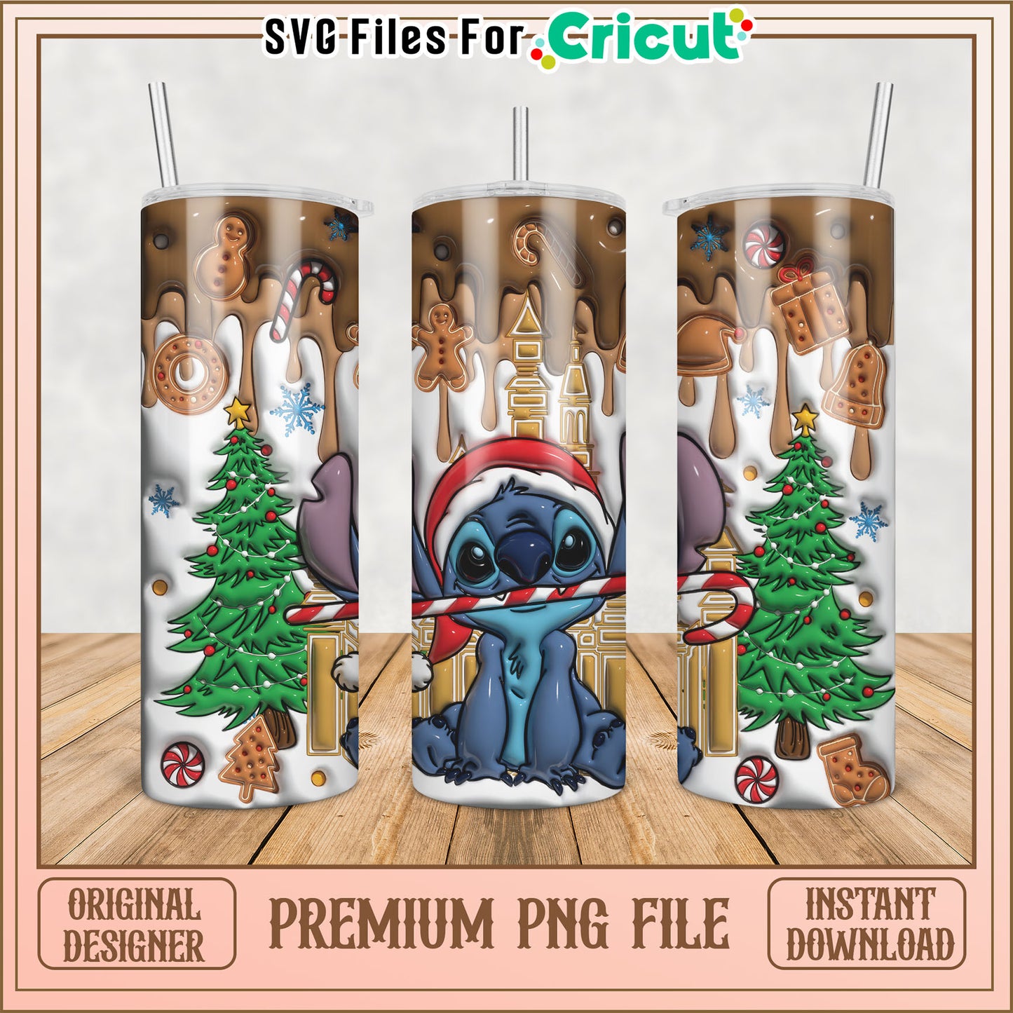 Cute Holiday Tumbler PNG with Christmas Tree and Gingerbread Design
