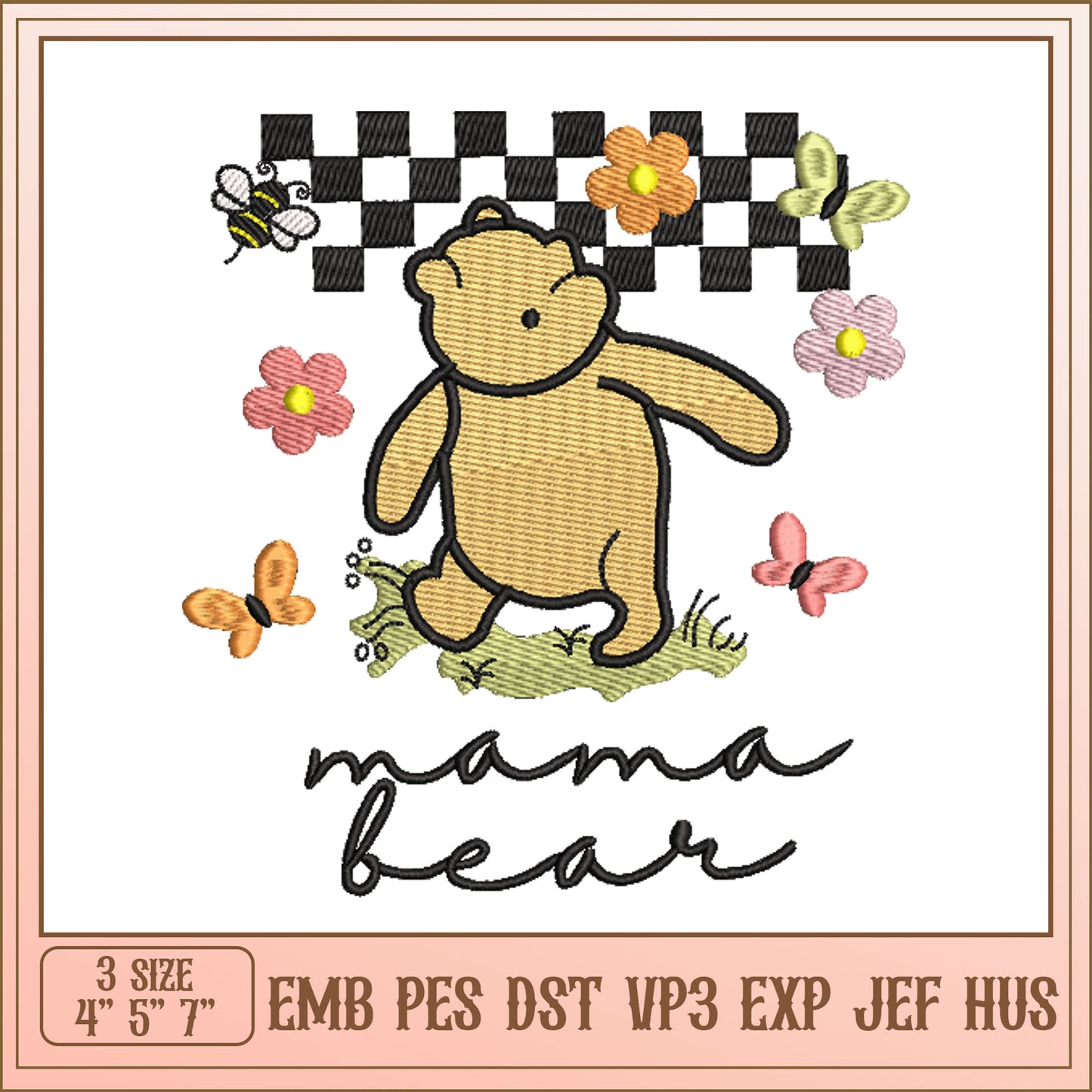 Cute Mama Bear Embroidery Design with Flowers and Insects